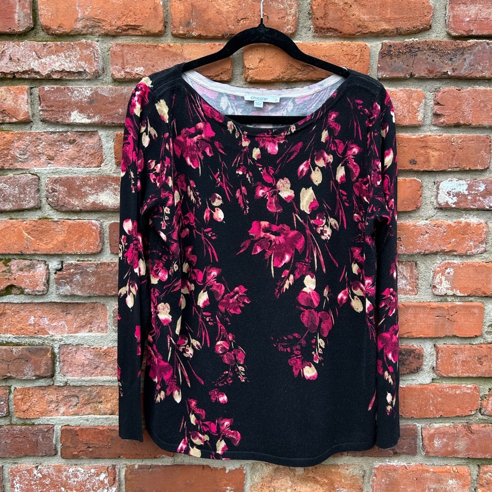 Chico's Black Floral Pullover Sweater Size 1/M